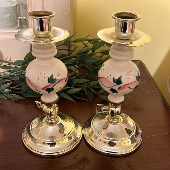 Home Interiors & Gifts Ribbon Cream Ceramic Candlestick Brass Plated - Picture 1 of 4